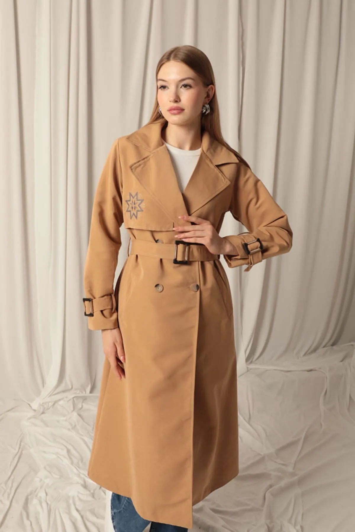 KKT Torino Fabric Embroidered Women's Tan Trench Coat - Las Palmas