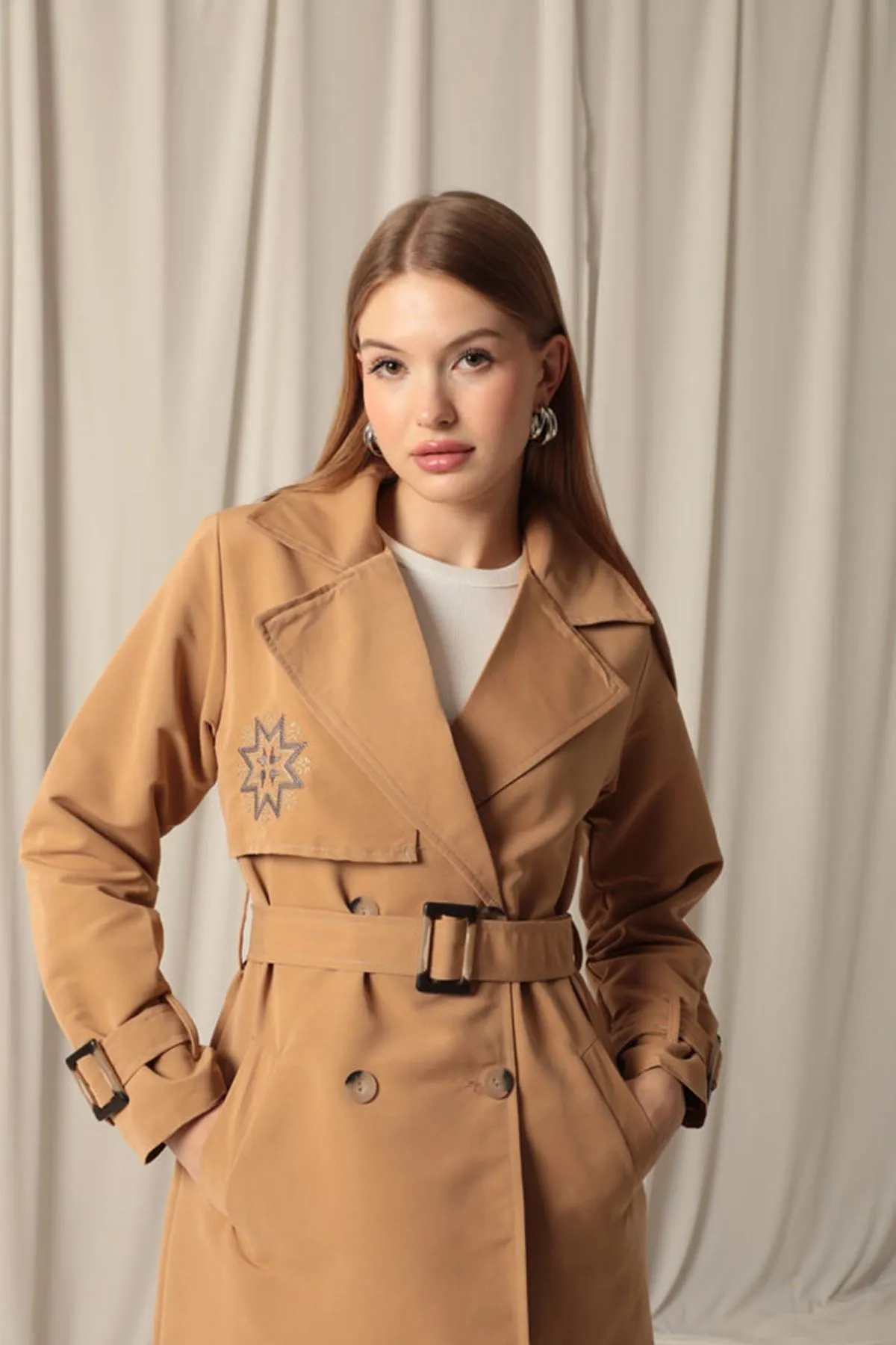 KKT Torino Fabric Embroidered Women's Tan Trench Coat - Las Palmas