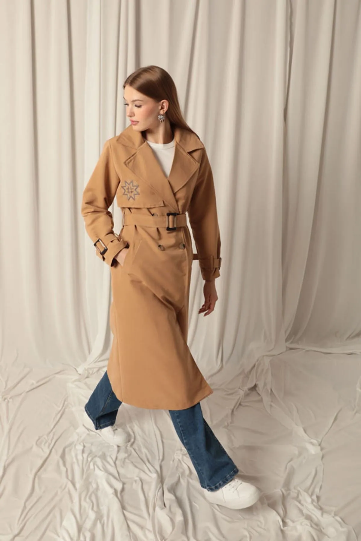 KKT Torino Fabric Embroidered Women's Tan Trench Coat - Las Palmas