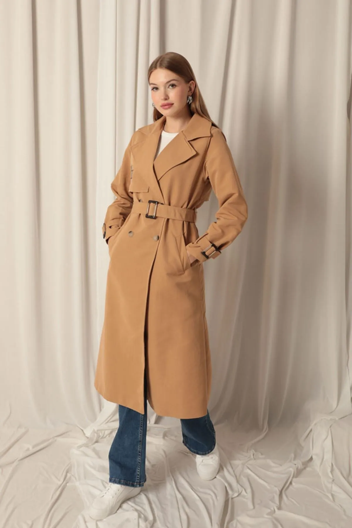 KKT Torino Fabric Embroidered Women's Tan Trench Coat - Las Palmas