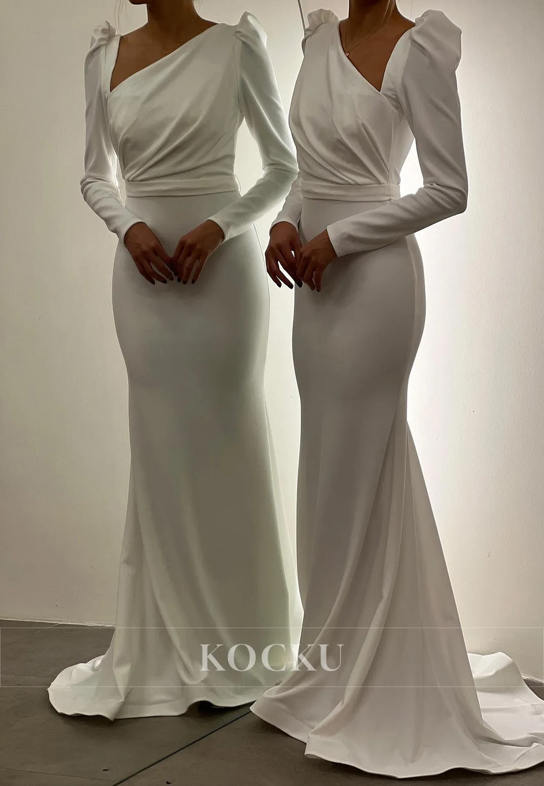L3086 - Chic & Modern V-Neck Long sleeves Mermaid Satin Evening Party Prom Dress