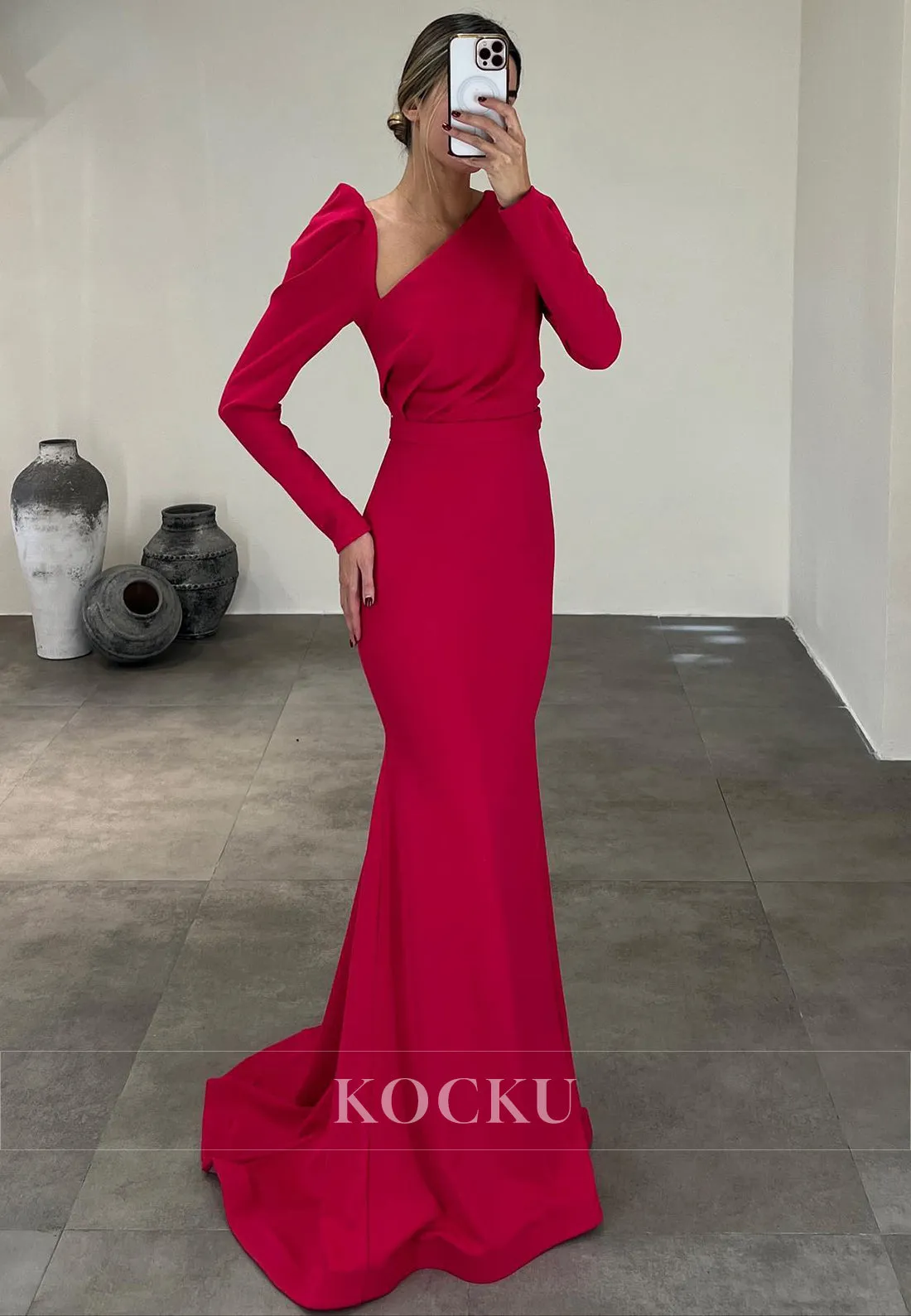 L3086 - Chic & Modern V-Neck Long sleeves Mermaid Satin Evening Party Prom Dress
