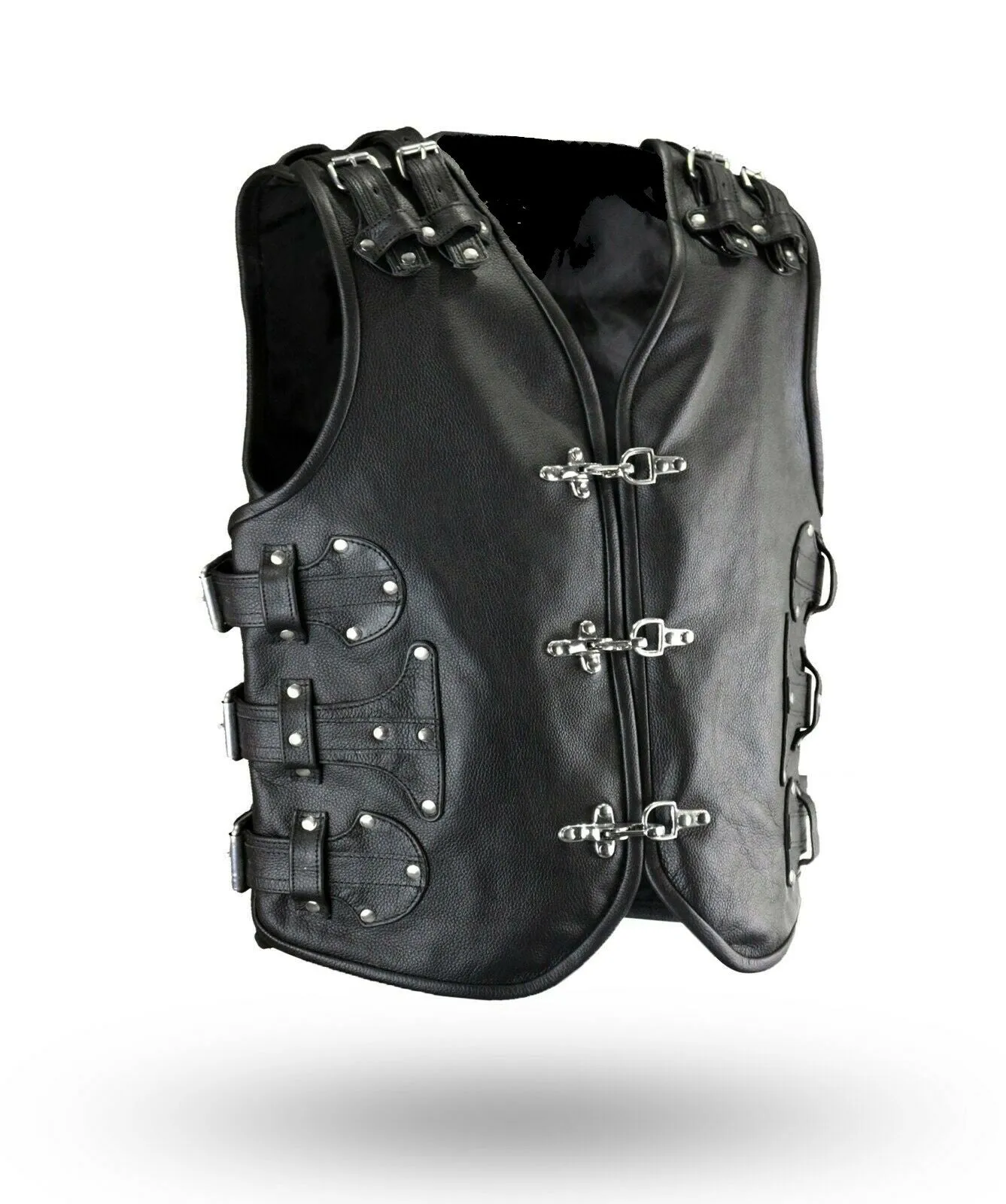 Men's Black Genuine Leather Gilet Biker Waistcoat Vest