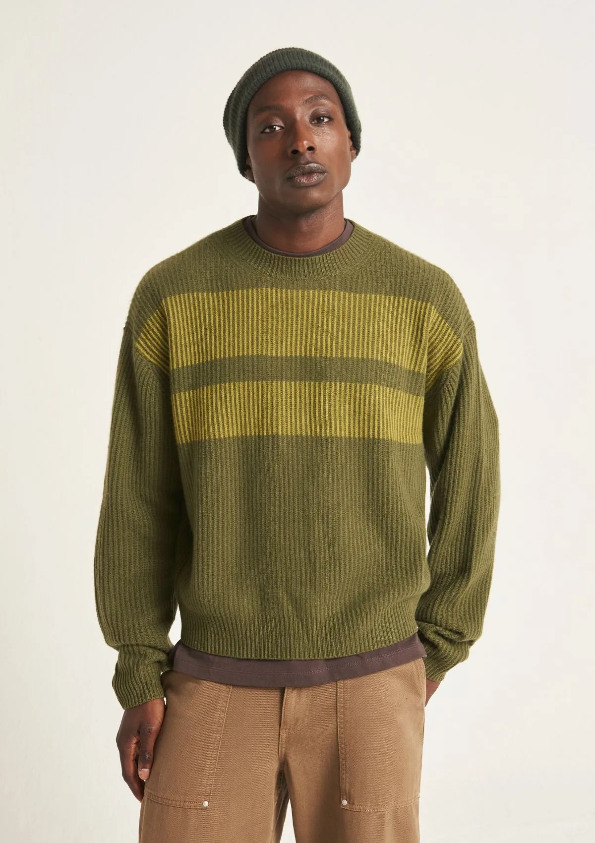 Mens Cashmere Ribbed Crew Neck Sweater in Bayleaf Green