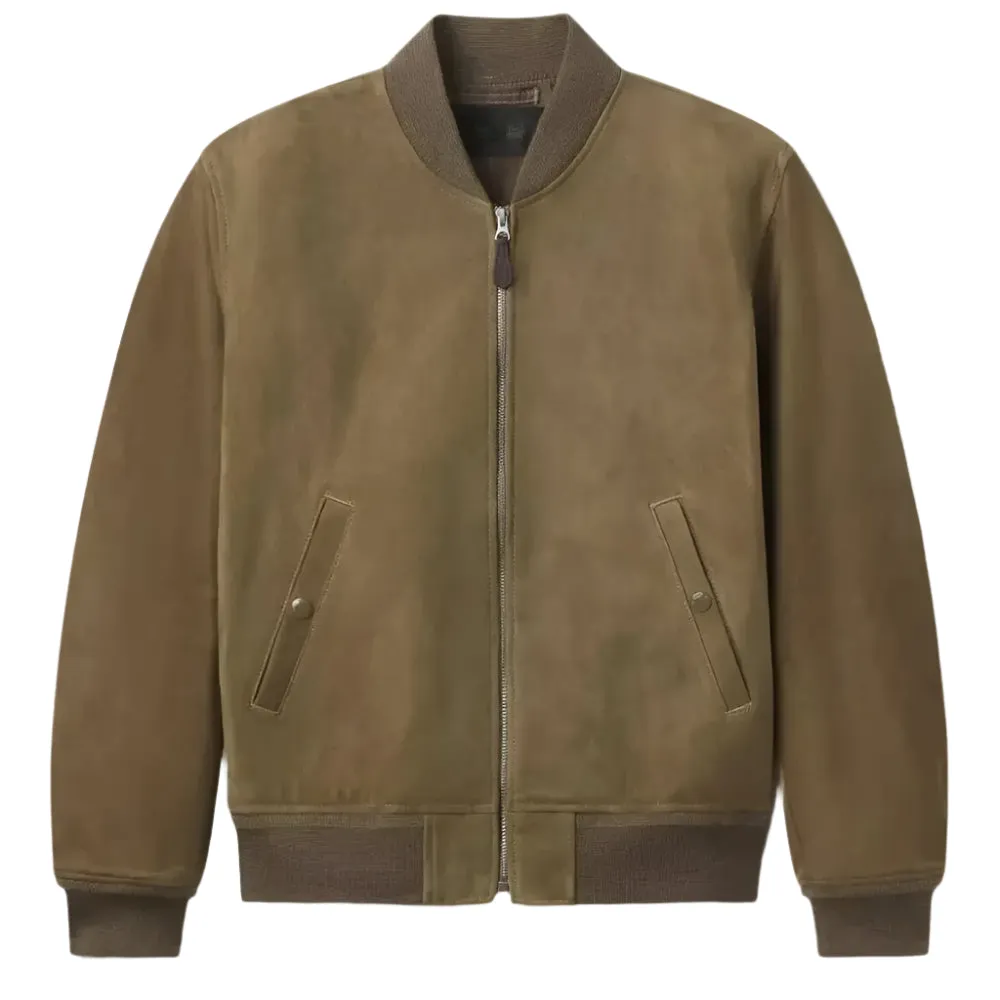 Men’s Genuine Tan Suede Leather Bomber Biker Jacket - Slim Fit