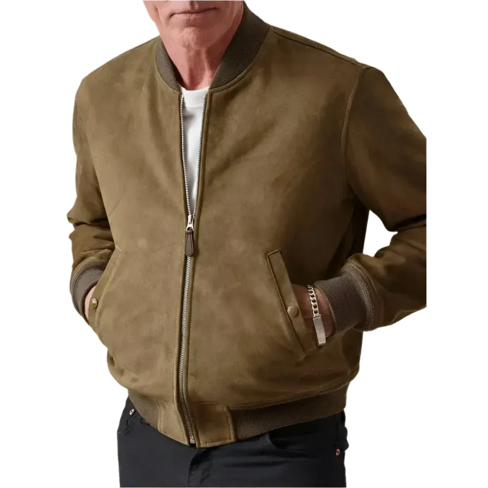 Men’s Genuine Tan Suede Leather Bomber Biker Jacket - Slim Fit