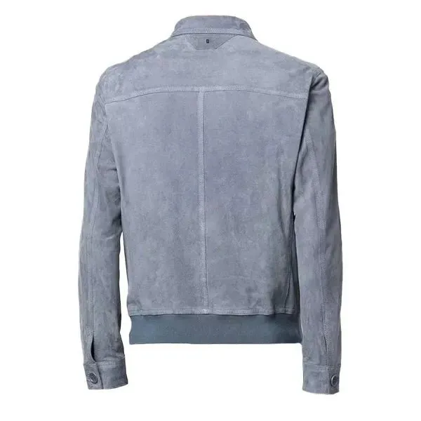Mens Grey Suede Bomber Jacket With Shirt Style Collar