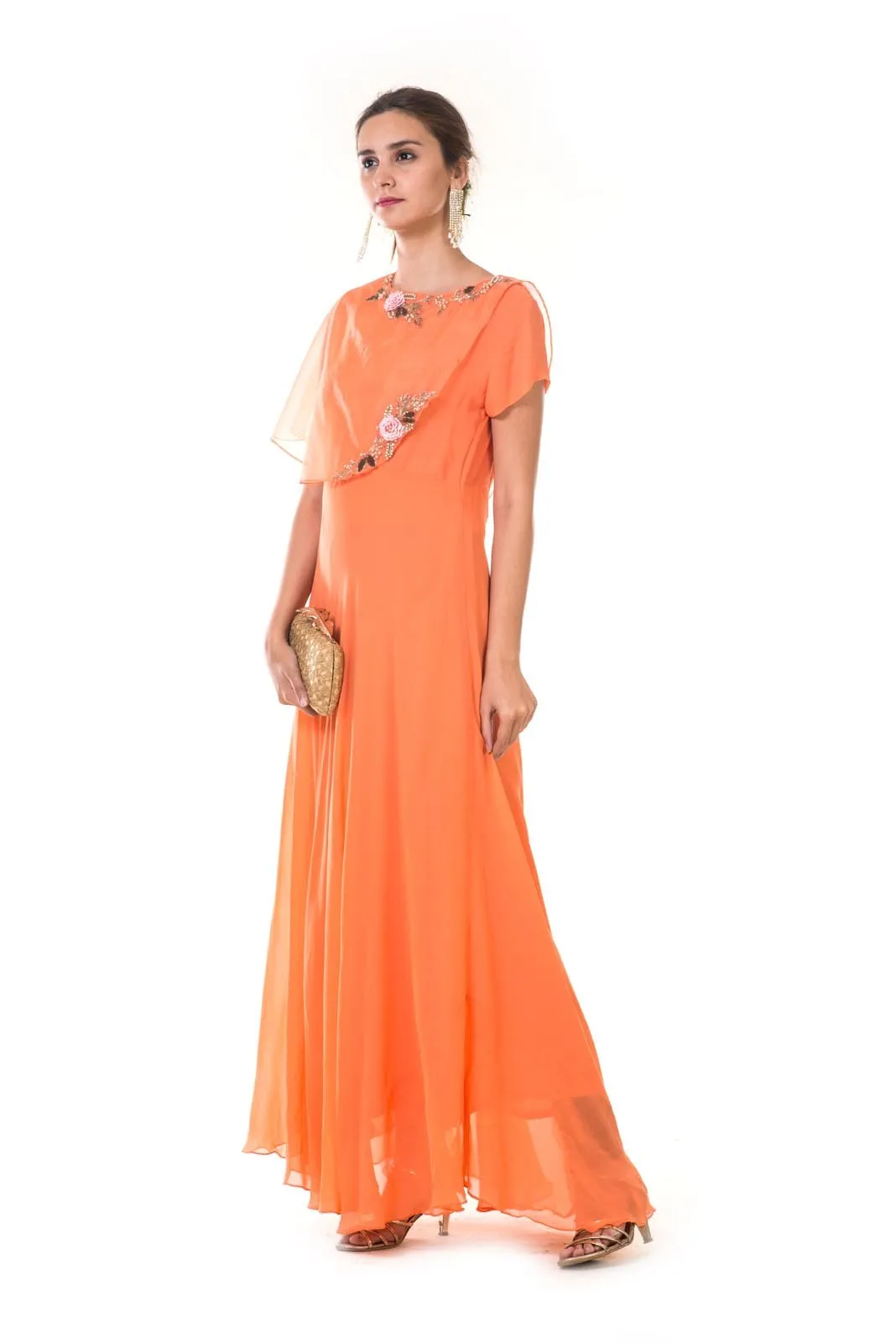 Orange  Hand Embroidered One Side Attached Cape Gown