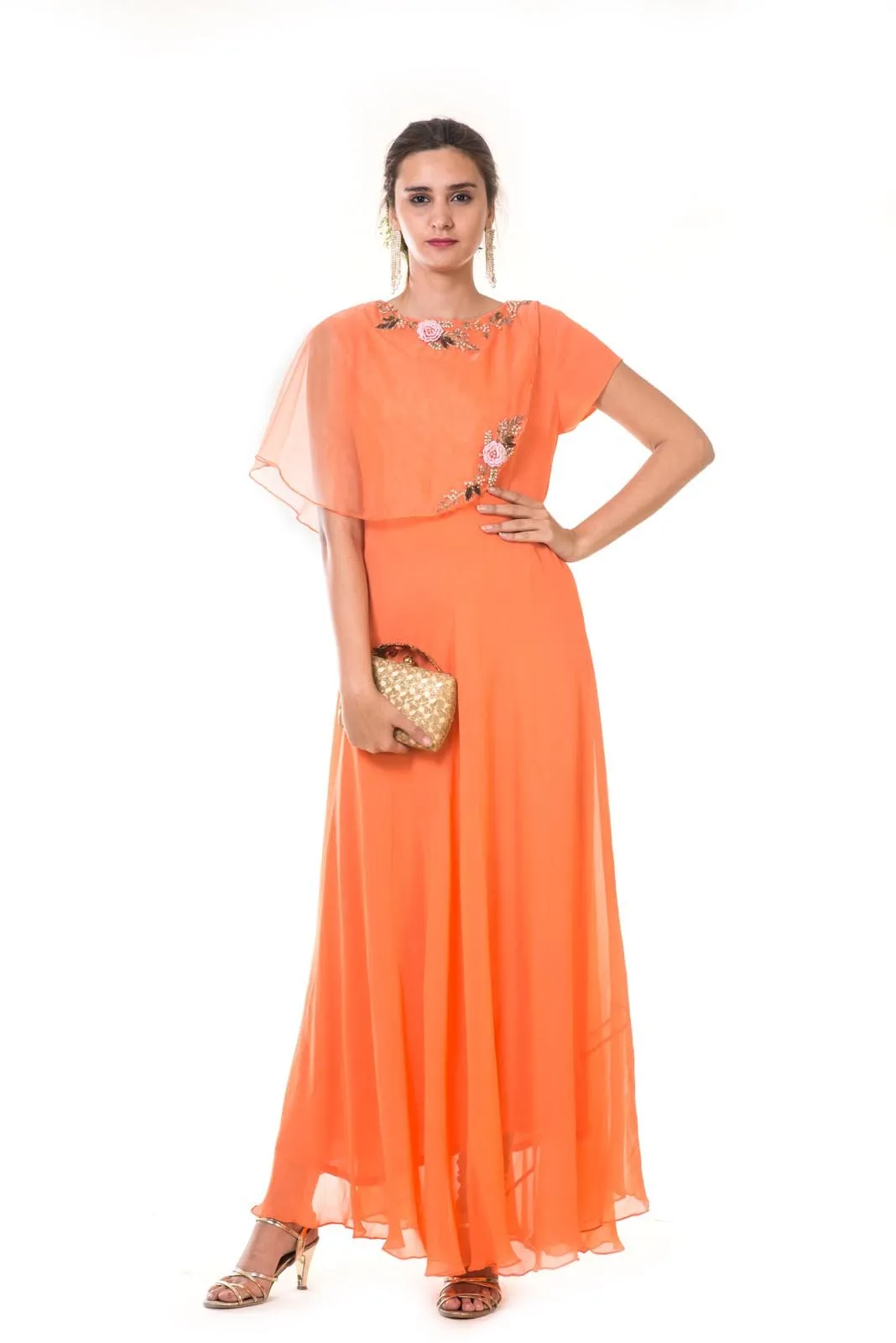 Orange  Hand Embroidered One Side Attached Cape Gown