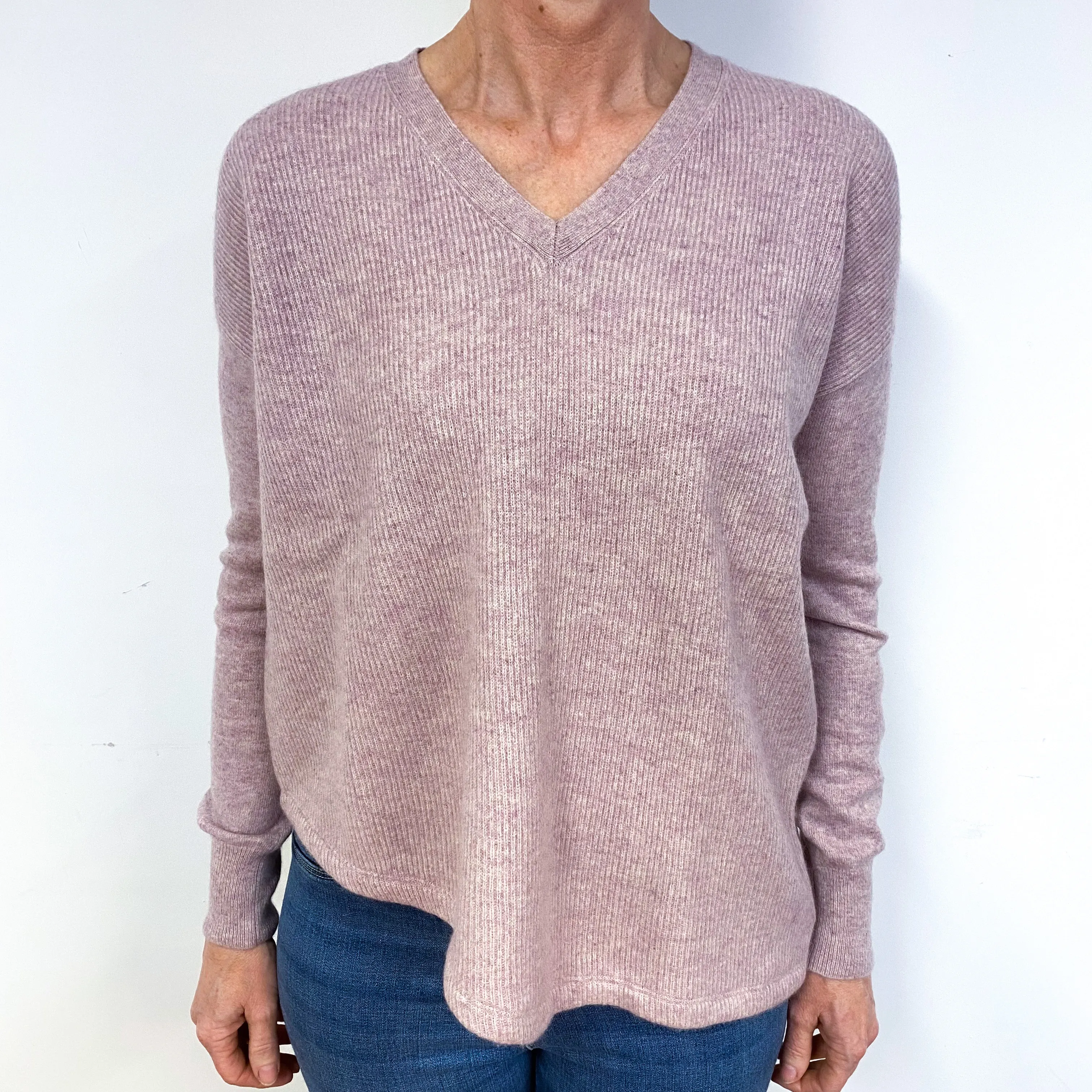 Pale Mauve Pink Cashmere V-Neck Jumper Medium
