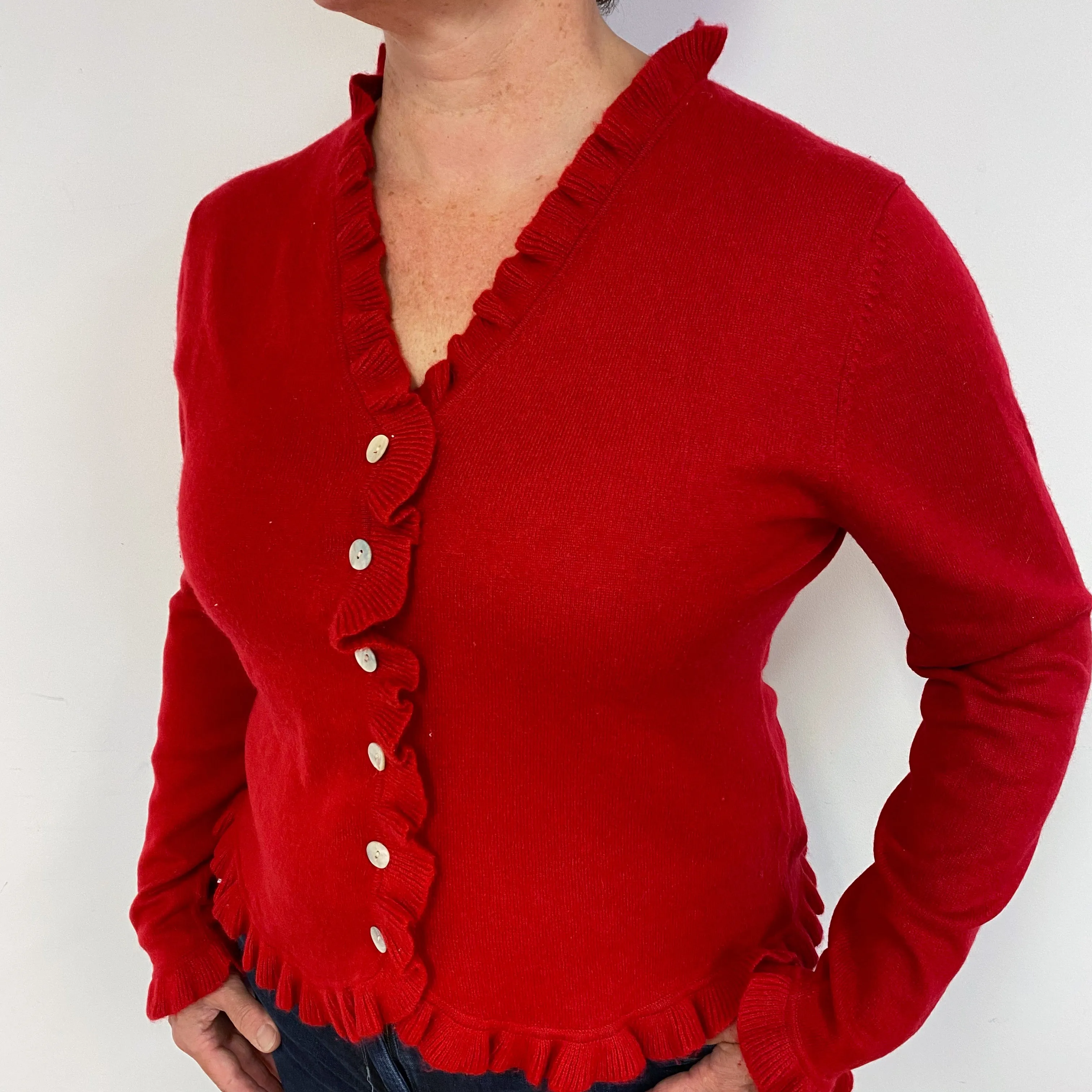 Post Box Red Frilly Cashmere Cardigan Large
