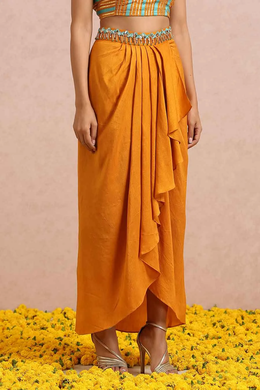 Rust Silk Dhoti Set With Teal Cape