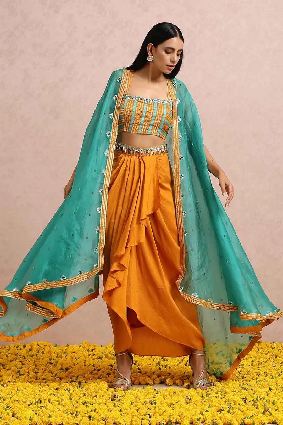 Rust Silk Dhoti Set With Teal Cape