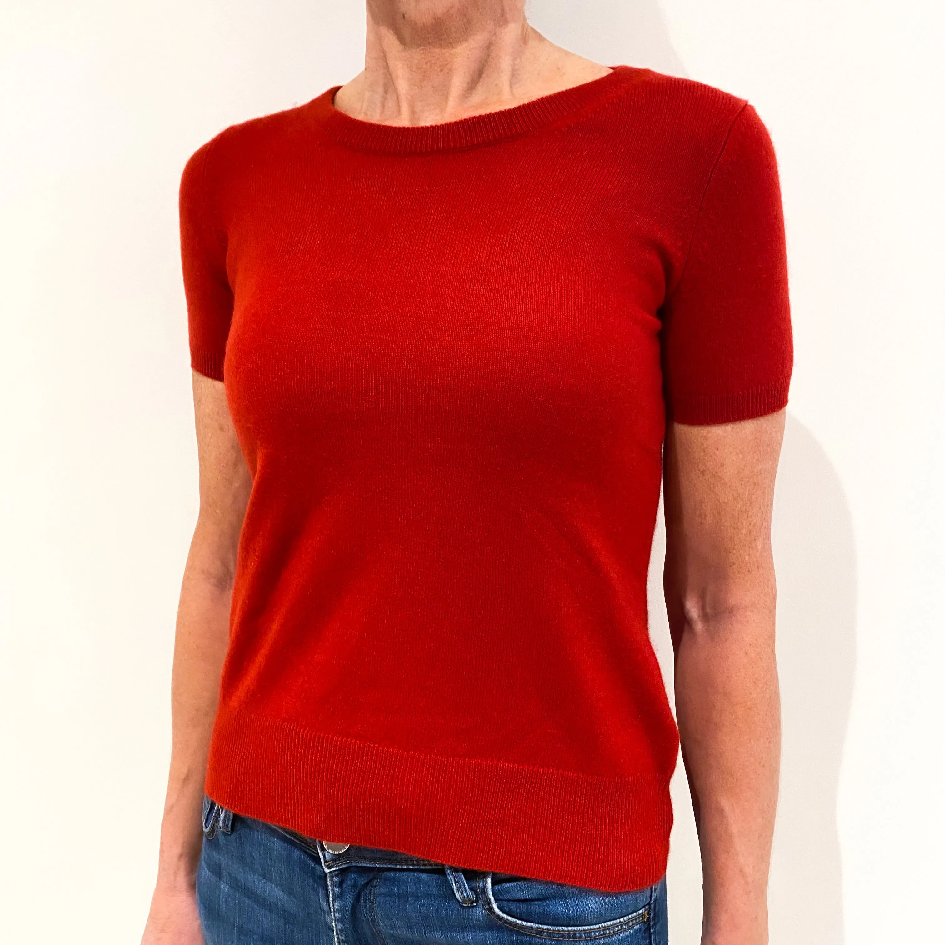 Scarlet Red Short Sleeved Cashmere Crew Neck Jumper Small