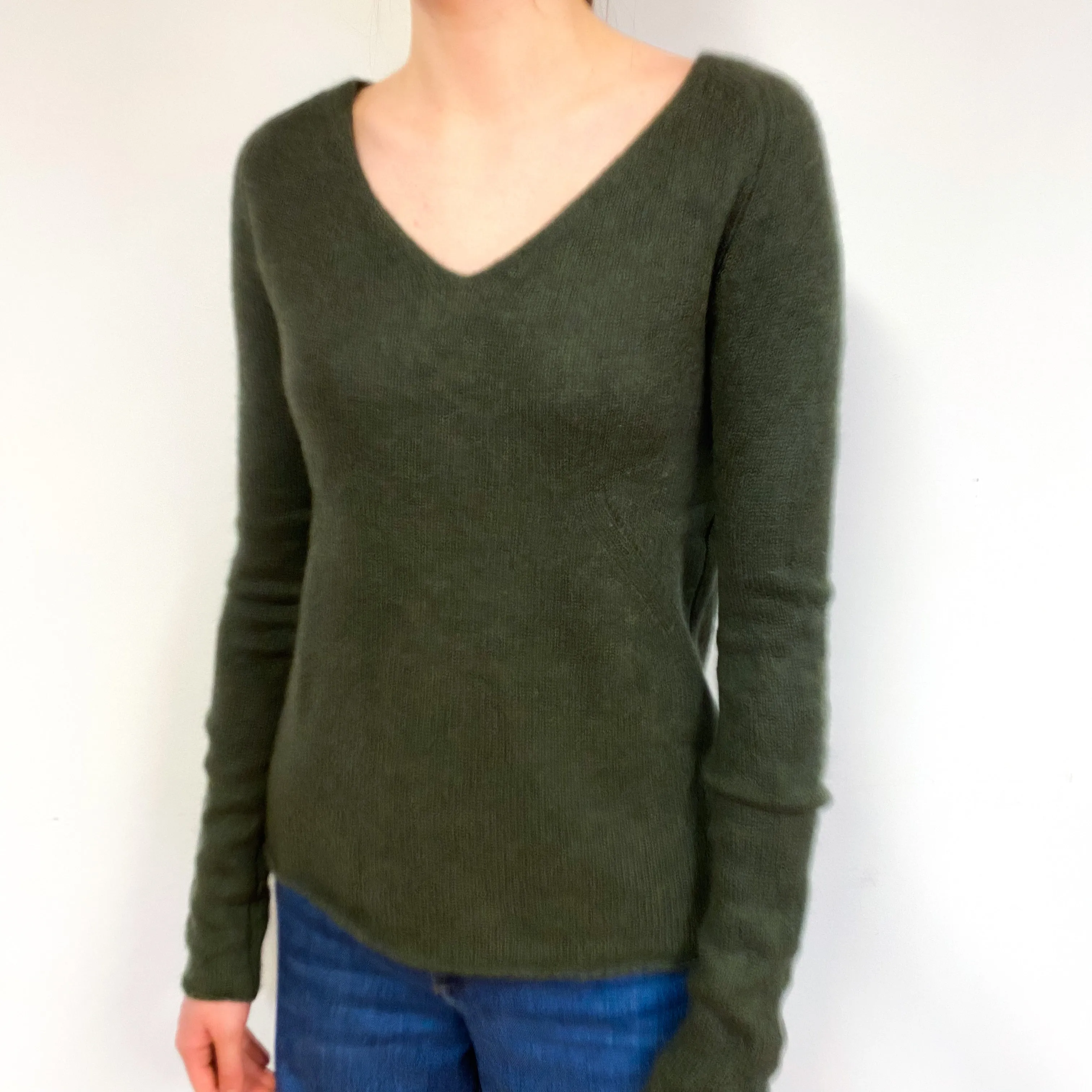 Seaweed Green Cashmere V-Neck Jumper Extra Small