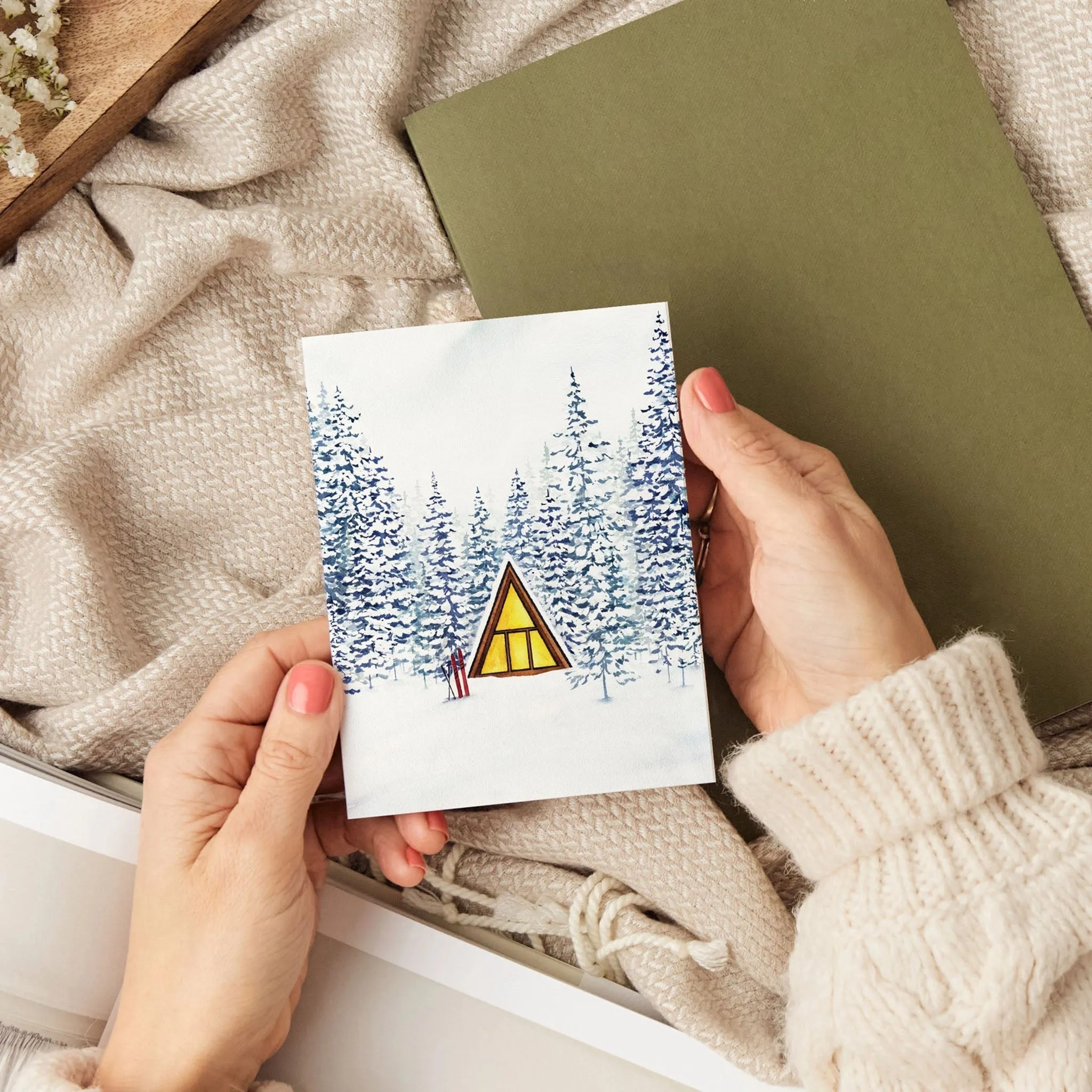 Snowy Cabin A-Frame Greeting Card