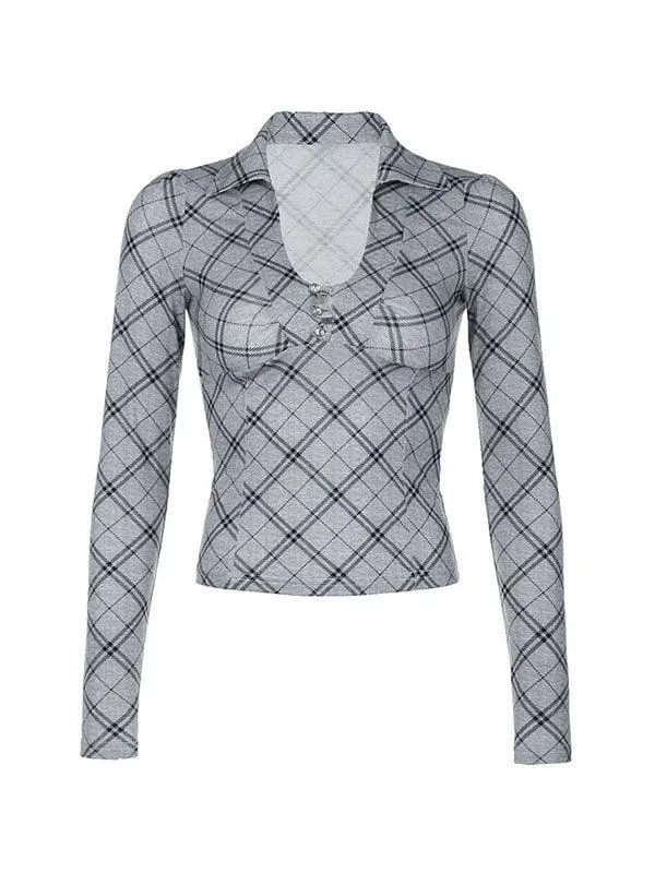 Uniwim Argyle Print V Neck Diamond Button Long Sleeve Tee