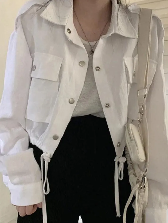 Uniwim ootd Lapel Neck Snap Button Drawstring Short Long Sleeve Blouse