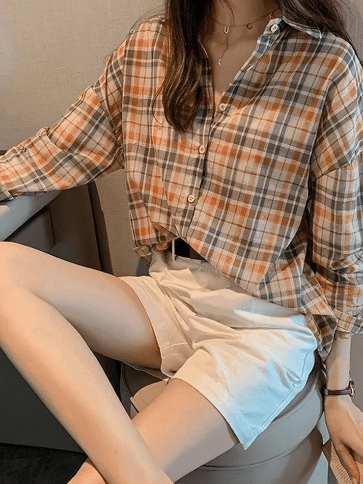 Uniwim ootd Vintage Checkered Long Sleeve Button Blouse