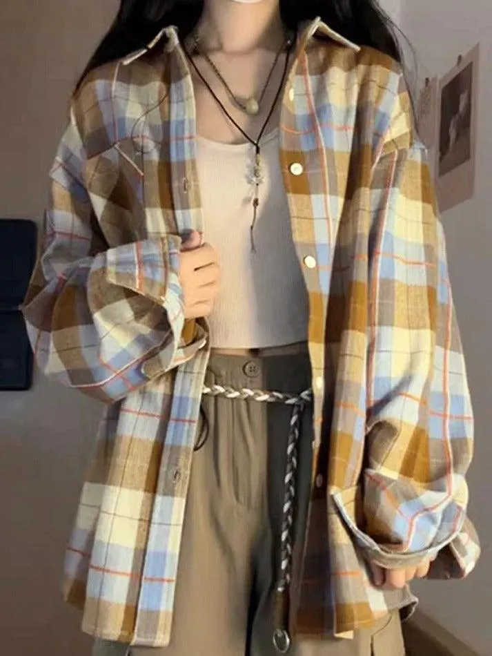 Uniwim ootd Vintage Contrast Plaid Print Long Sleeve Blouse