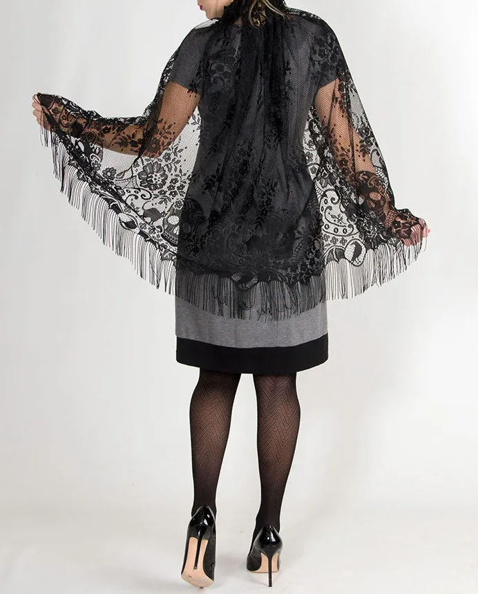 Victorian Black Lace Halloween Cape with Fringe