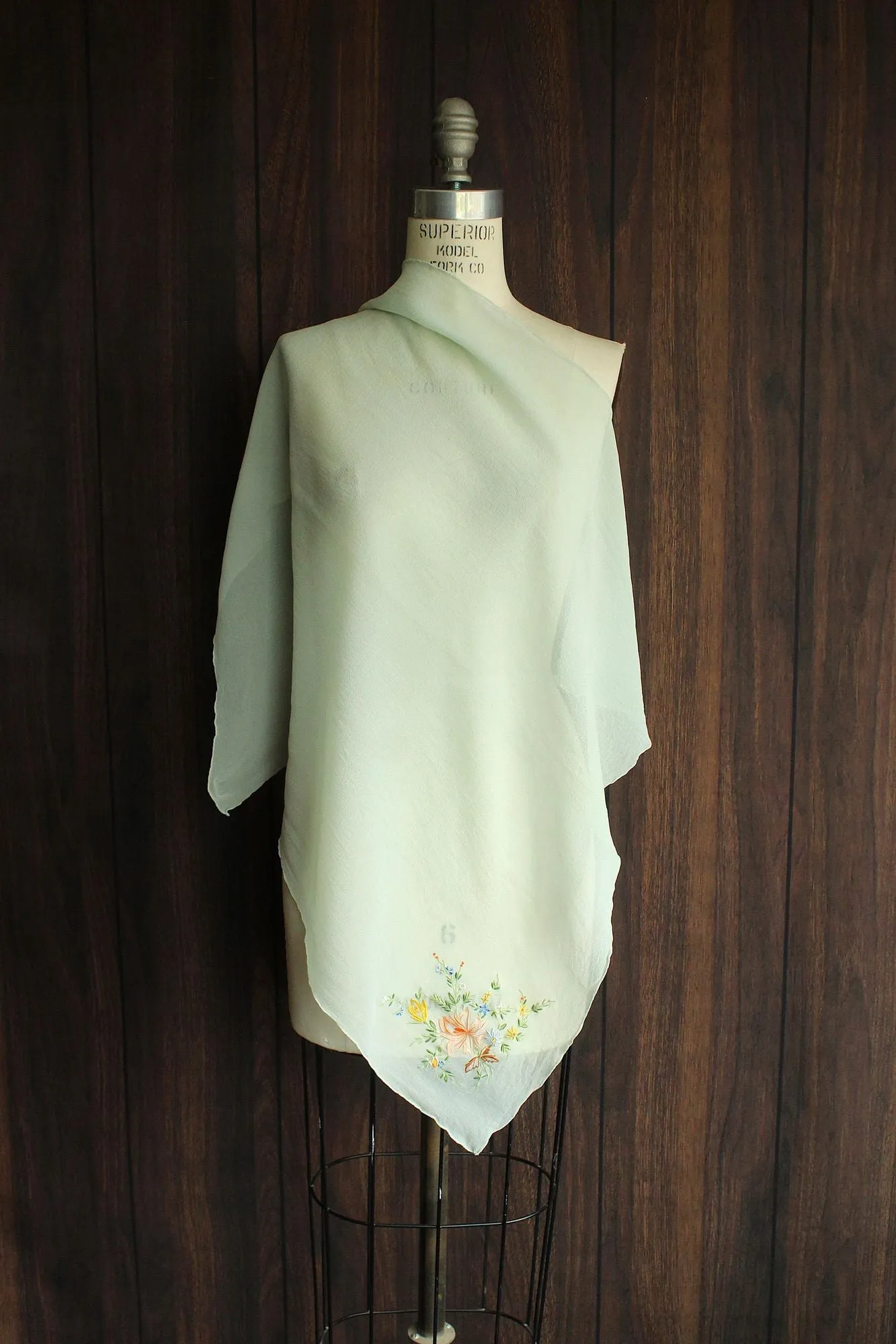 Vintage Mint Green Silk Chiffon Scarf with Floral Embroidery