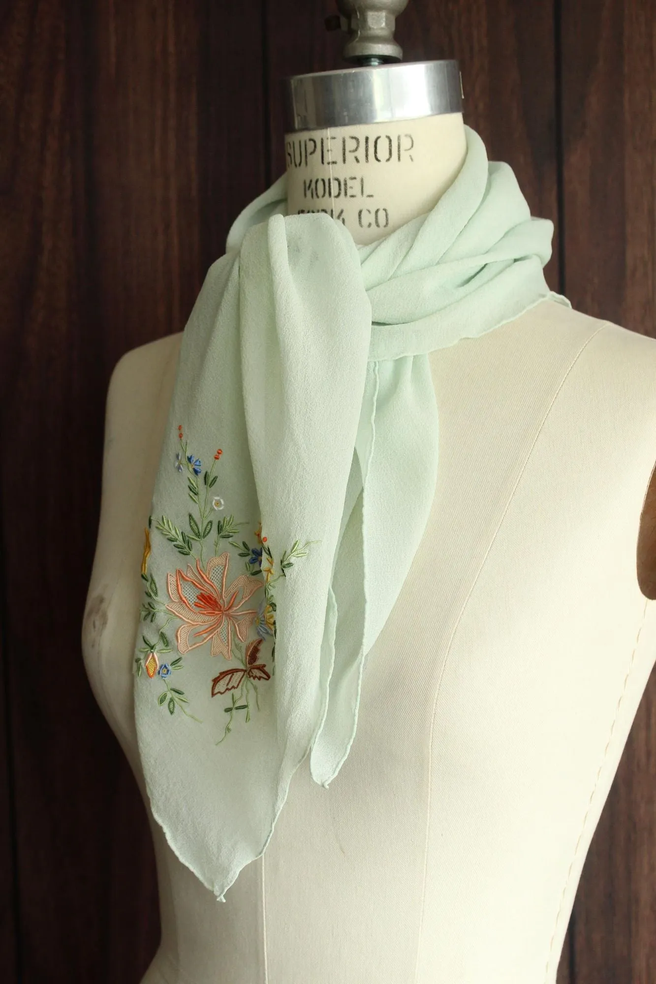 Vintage Mint Green Silk Chiffon Scarf with Floral Embroidery