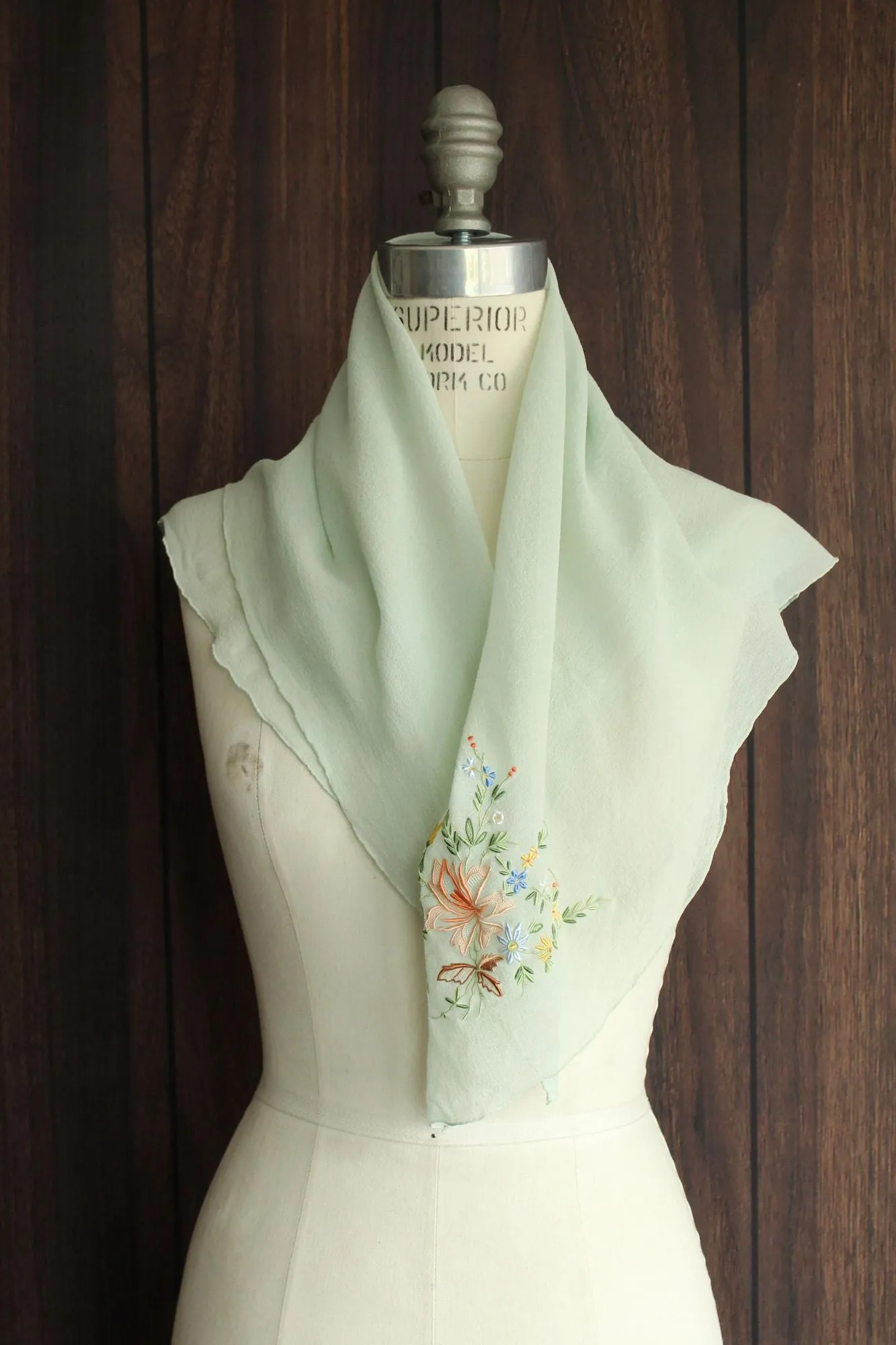 Vintage Mint Green Silk Chiffon Scarf with Floral Embroidery