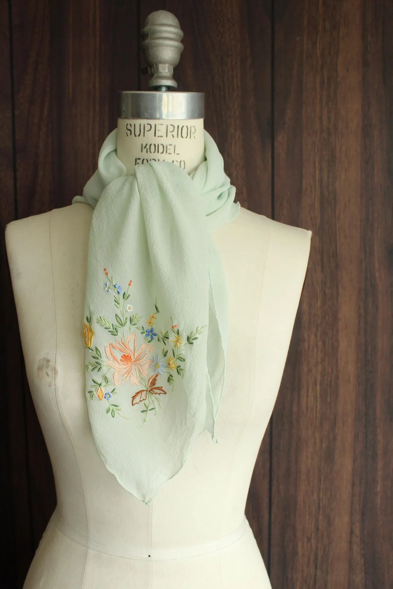 Vintage Mint Green Silk Chiffon Scarf with Floral Embroidery