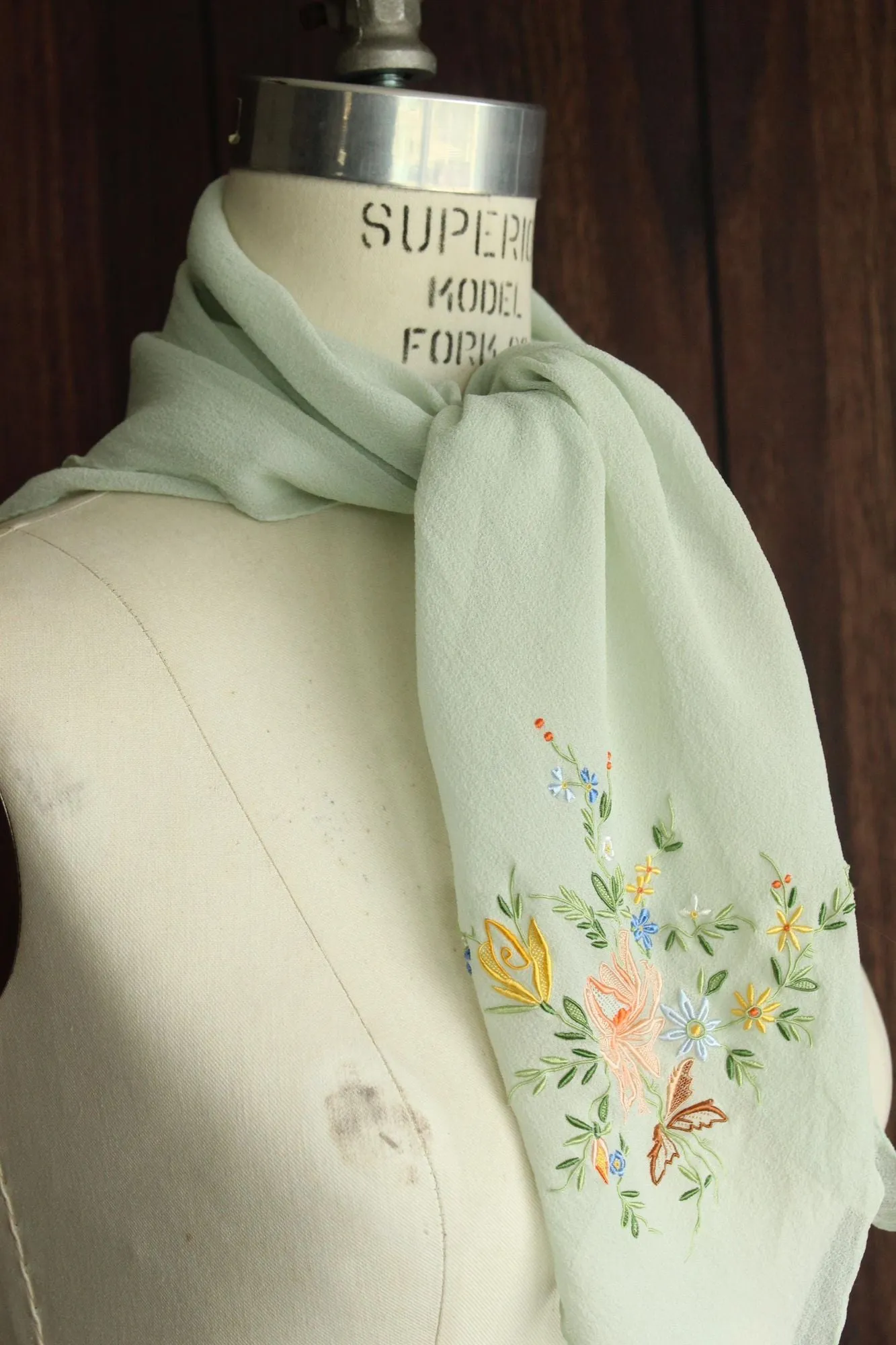 Vintage Mint Green Silk Chiffon Scarf with Floral Embroidery