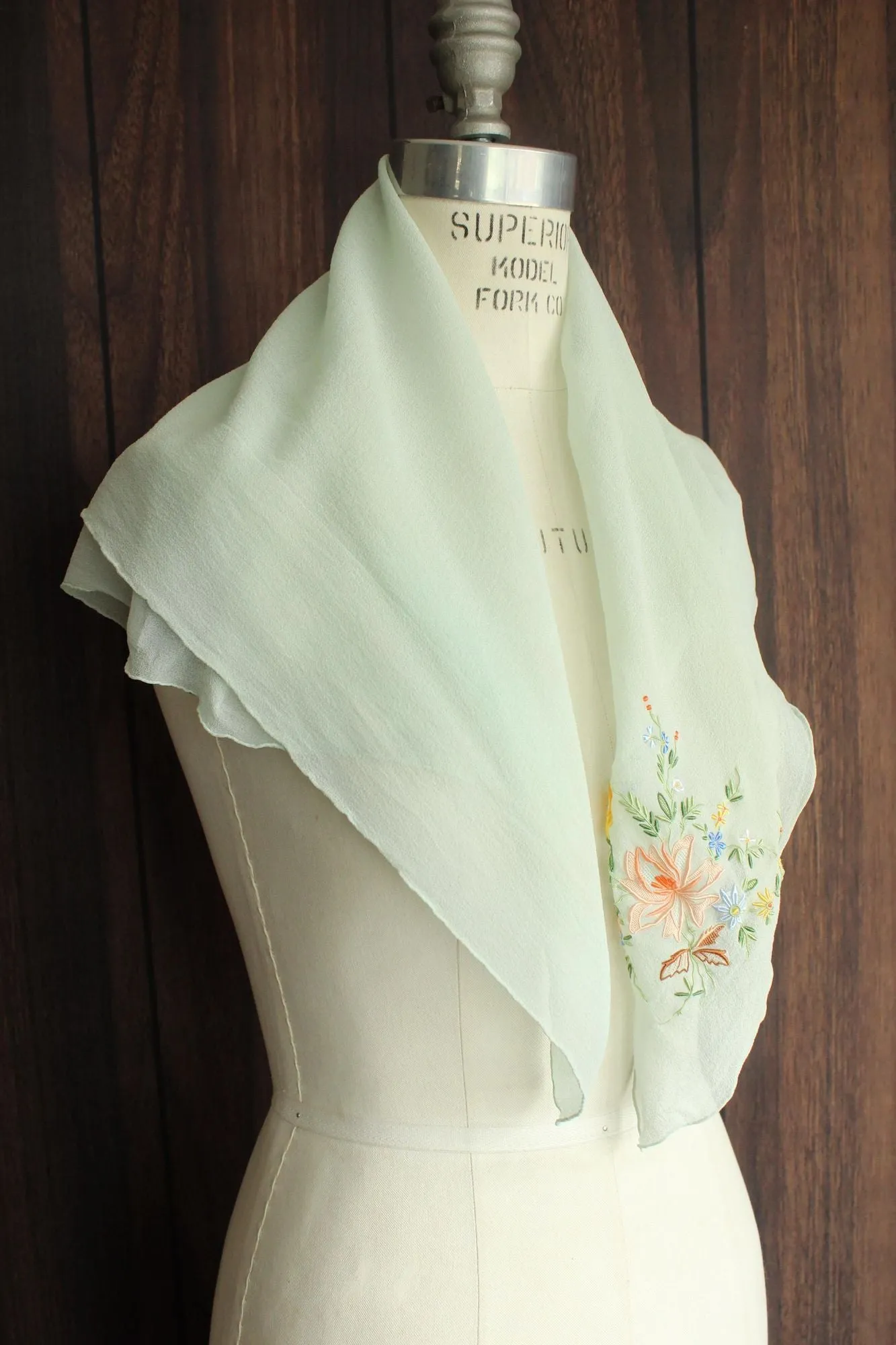Vintage Mint Green Silk Chiffon Scarf with Floral Embroidery