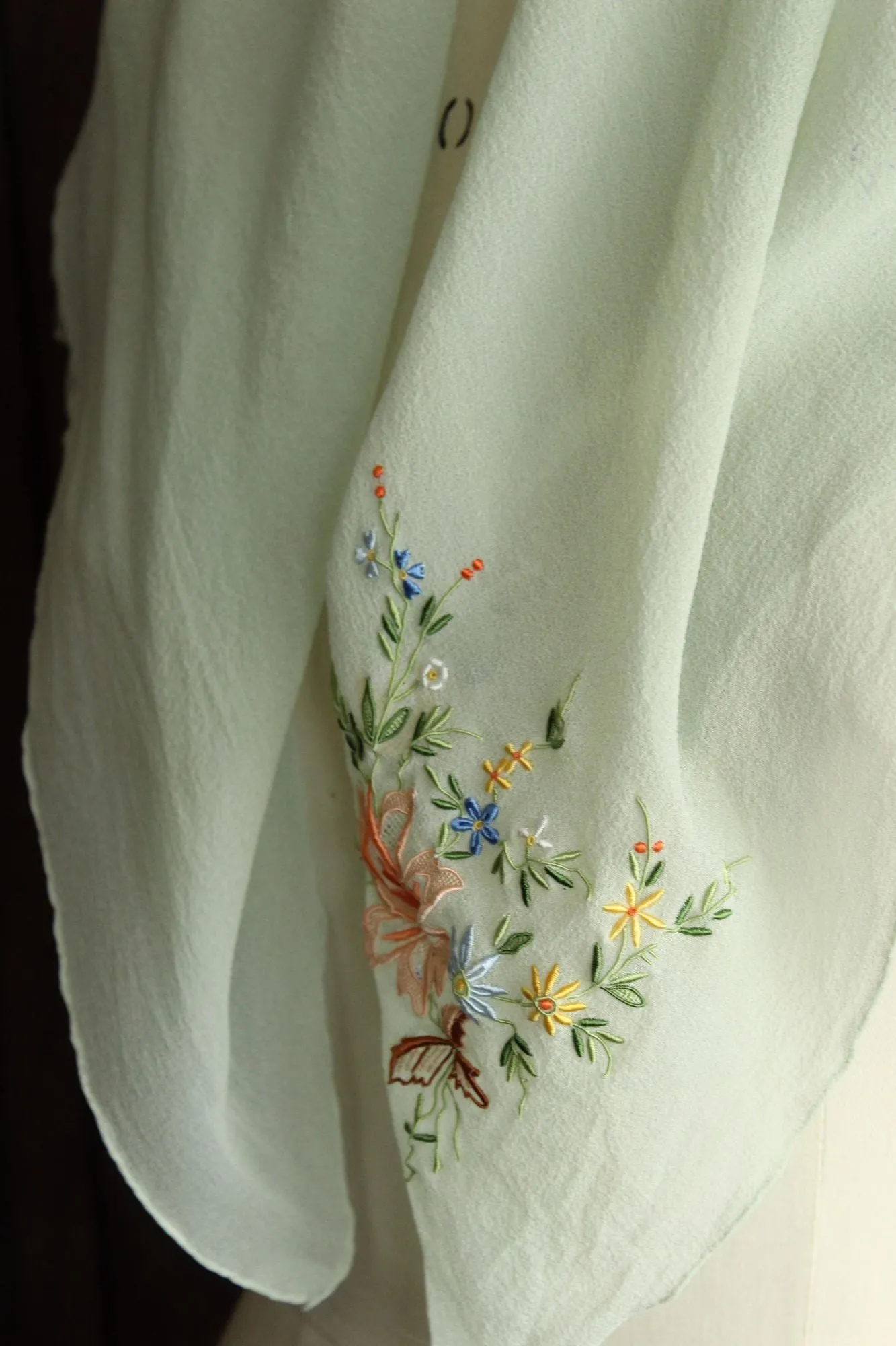 Vintage Mint Green Silk Chiffon Scarf with Floral Embroidery