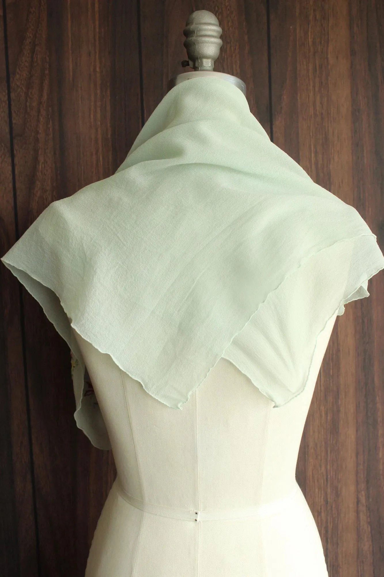 Vintage Mint Green Silk Chiffon Scarf with Floral Embroidery