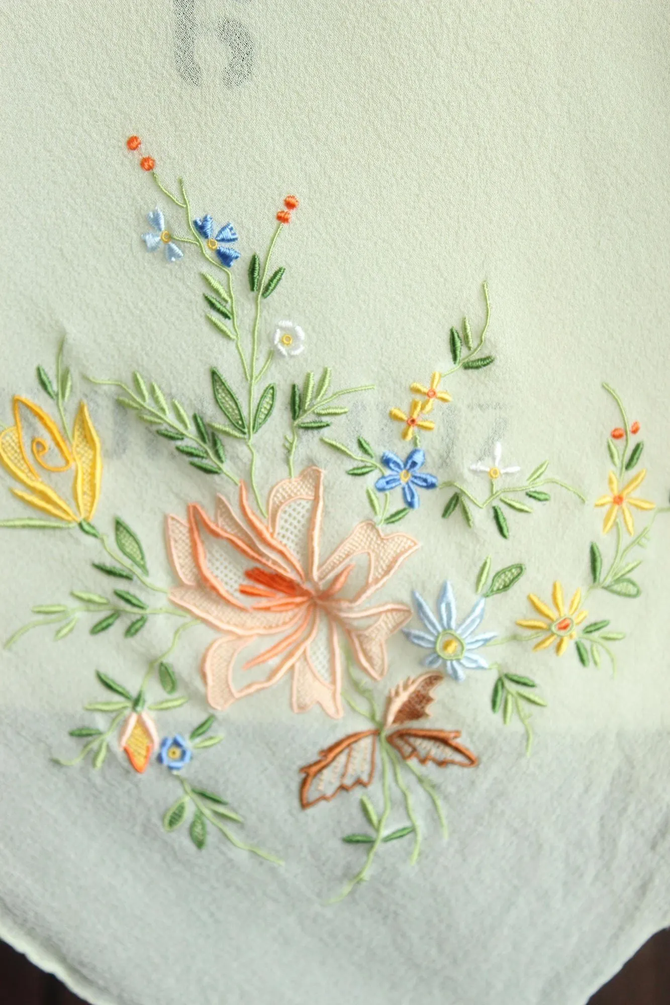 Vintage Mint Green Silk Chiffon Scarf with Floral Embroidery