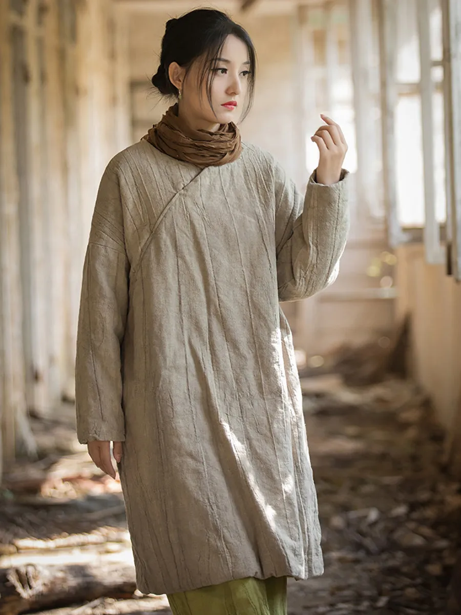 Women Ethnic Winter Solid Ramie Padded Coat