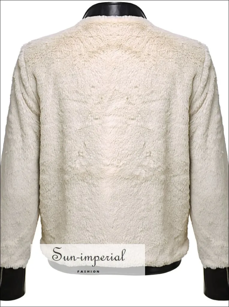 Women Long Sleeve Teddy Coat Fleece Jacket With Leather Collar And Zipper Detail