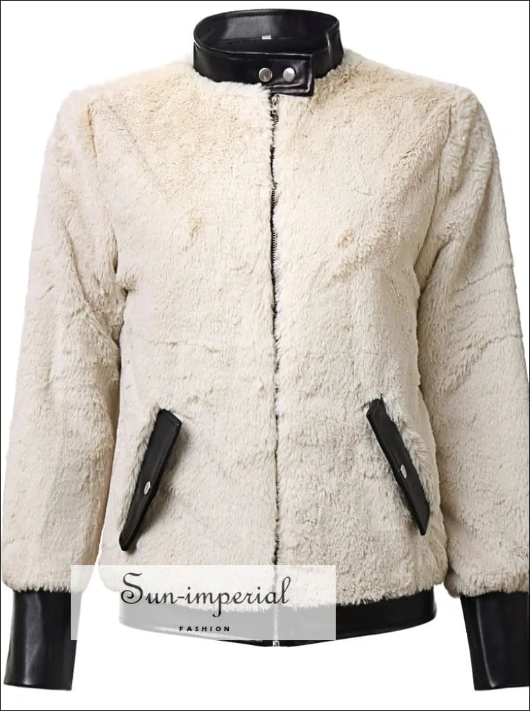 Women Long Sleeve Teddy Coat Fleece Jacket With Leather Collar And Zipper Detail