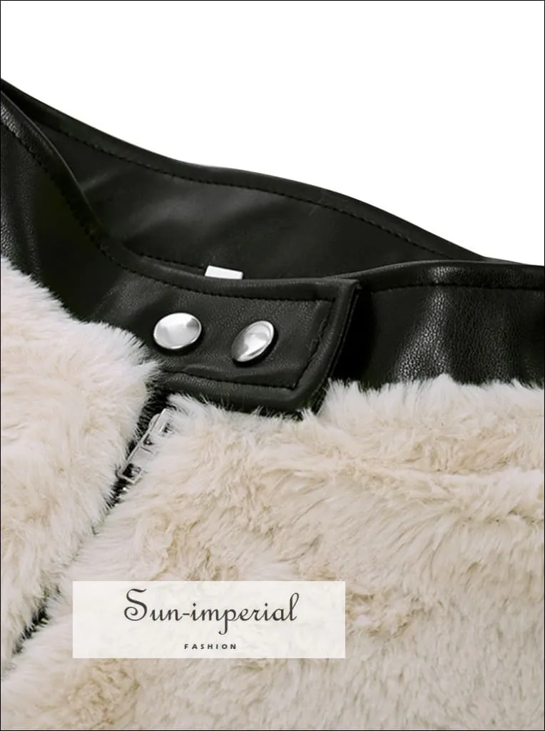 Women Long Sleeve Teddy Coat Fleece Jacket With Leather Collar And Zipper Detail