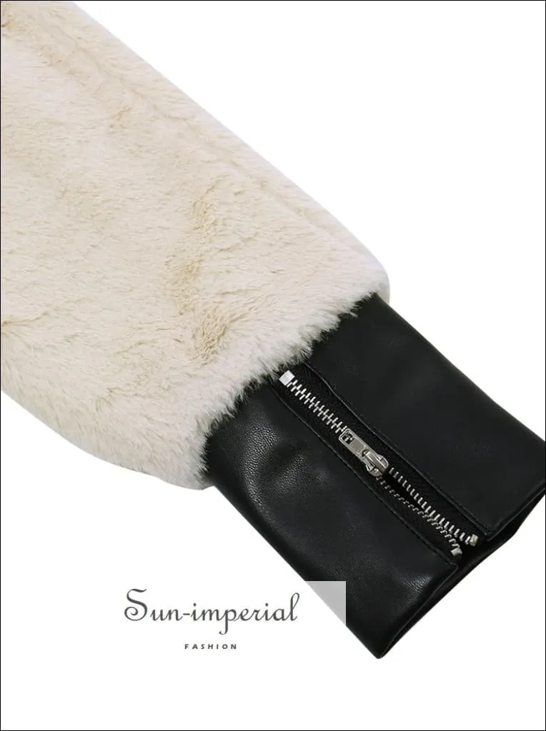 Women Long Sleeve Teddy Coat Fleece Jacket With Leather Collar And Zipper Detail