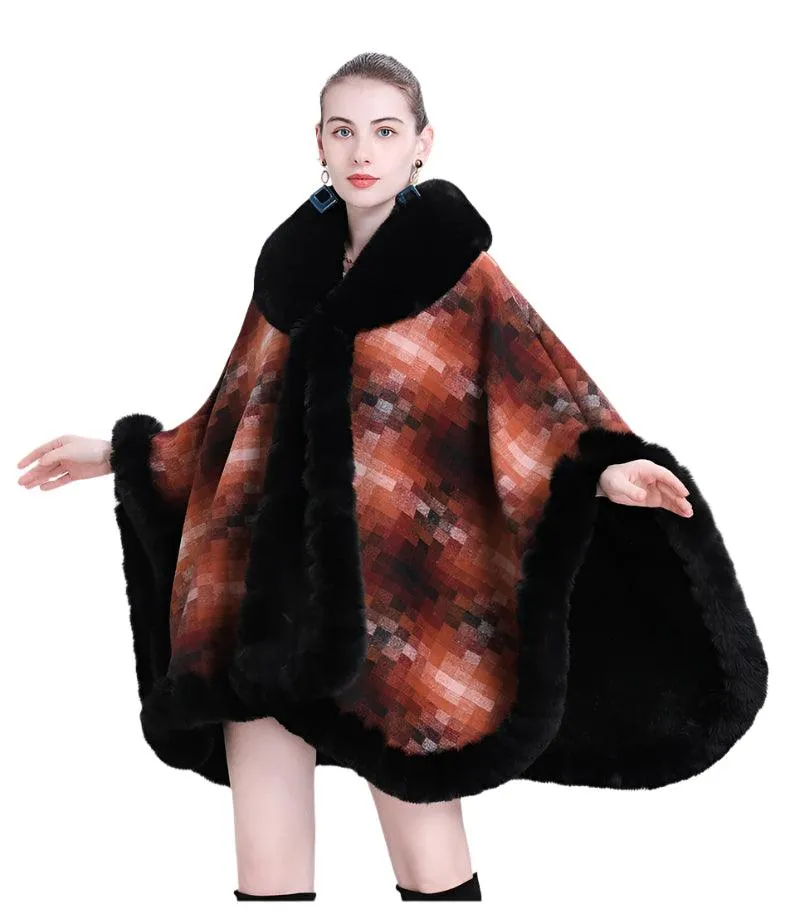 Women's Thicken Lining Woolen Faux Rabbit Fur Cloak Overcoat - Vintage Winter Cape