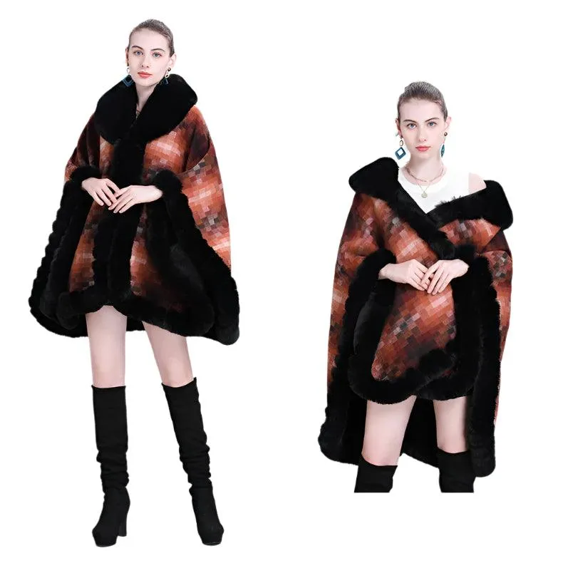 Women's Thicken Lining Woolen Faux Rabbit Fur Cloak Overcoat - Vintage Winter Cape