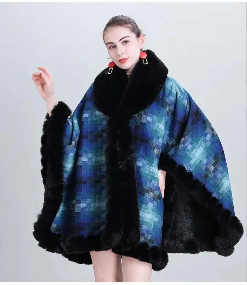 Women's Thicken Lining Woolen Faux Rabbit Fur Cloak Overcoat - Vintage Winter Cape