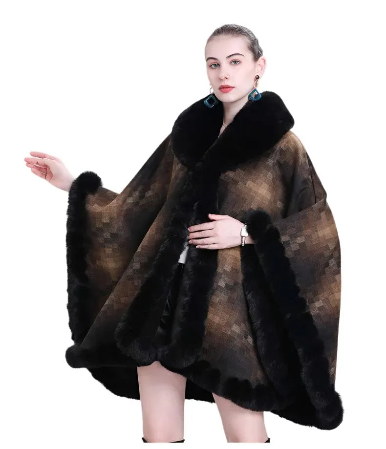 Women's Thicken Lining Woolen Faux Rabbit Fur Cloak Overcoat - Vintage Winter Cape