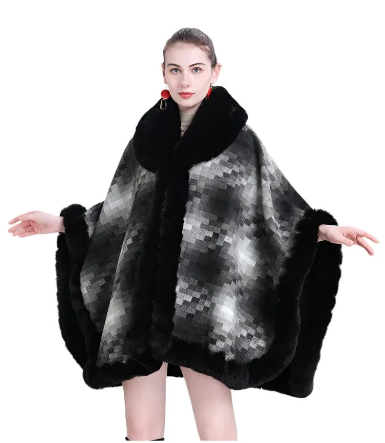Women's Thicken Lining Woolen Faux Rabbit Fur Cloak Overcoat - Vintage Winter Cape
