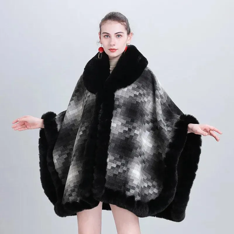 Women's Thicken Lining Woolen Faux Rabbit Fur Cloak Overcoat - Vintage Winter Cape