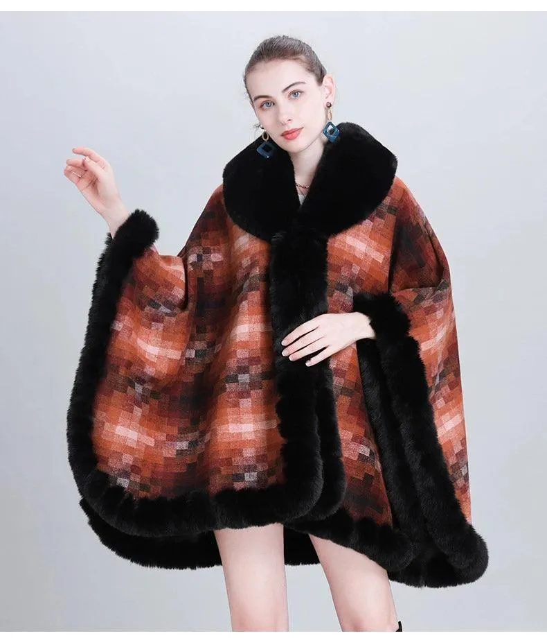 Women's Thicken Lining Woolen Faux Rabbit Fur Cloak Overcoat - Vintage Winter Cape