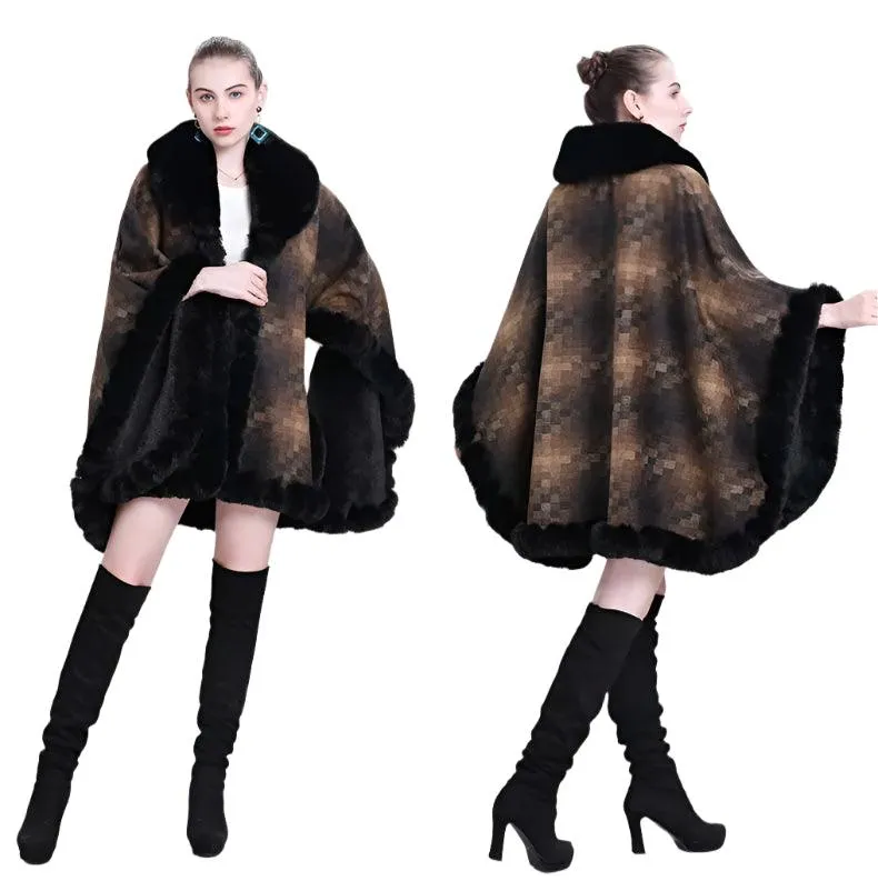 Women's Thicken Lining Woolen Faux Rabbit Fur Cloak Overcoat - Vintage Winter Cape
