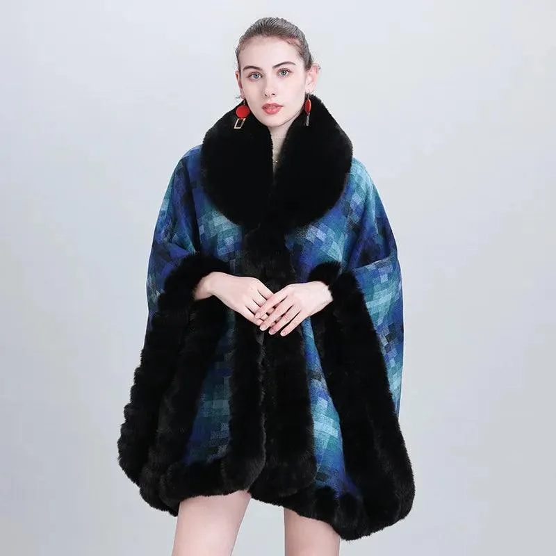 Women's Thicken Lining Woolen Faux Rabbit Fur Cloak Overcoat - Vintage Winter Cape
