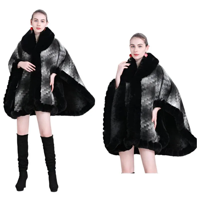 Women's Thicken Lining Woolen Faux Rabbit Fur Cloak Overcoat - Vintage Winter Cape