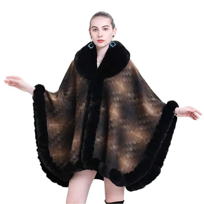 Women's Thicken Lining Woolen Faux Rabbit Fur Cloak Overcoat - Vintage Winter Cape